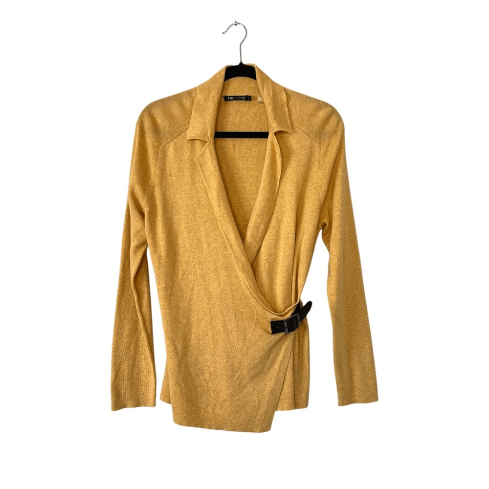 Nic+Zoe Cotton Blend Faux Wrap Sweater Size Large in Yellow