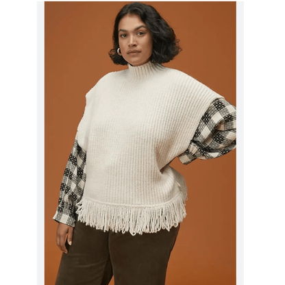 Anthropologie Fringed Mock Neck Ivory Sleeveless Sweater Vest Size Large