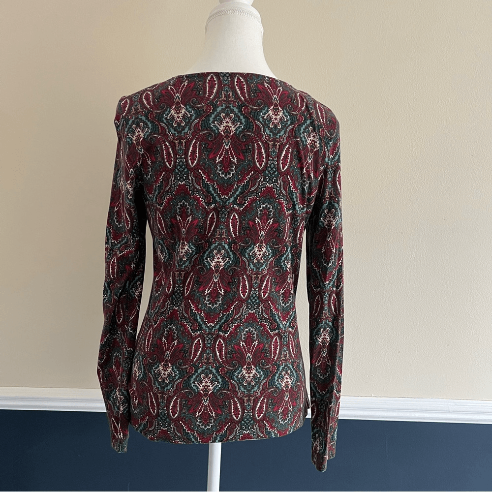 Talbots Faux Wrap Jewel Tone V-Neck Blouse Size Small Long Sleeve Paisley