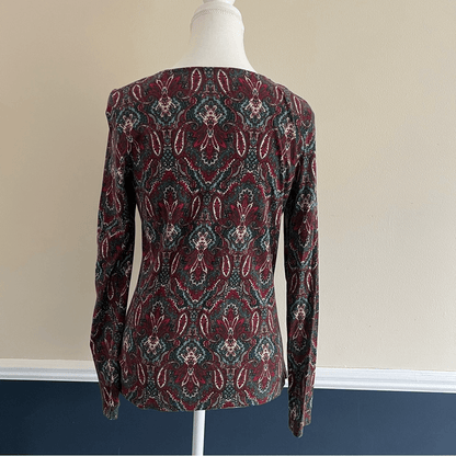 Talbots Faux Wrap Jewel Tone V-Neck Blouse Size Small Long Sleeve Paisley
