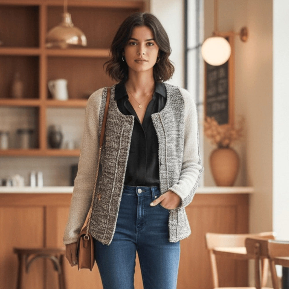 Anthropologie Cartonnier Neutral Tweed Knit Blazer Jacket Size Small