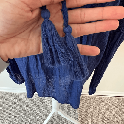 Sundance Gypsette Long Sleeve Crinkle Gauze Blouse in Blue Size Medium Tassel