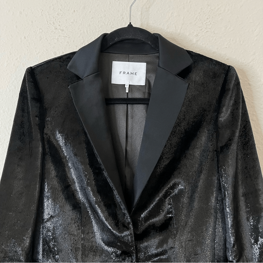 FRAME Black Metallic Velvet Satin Blazer Jacket Size 2 Party Cocktail