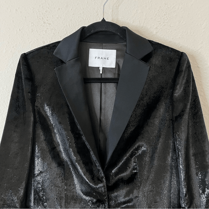 FRAME Black Metallic Velvet Satin Blazer Jacket Size 2 Party Cocktail