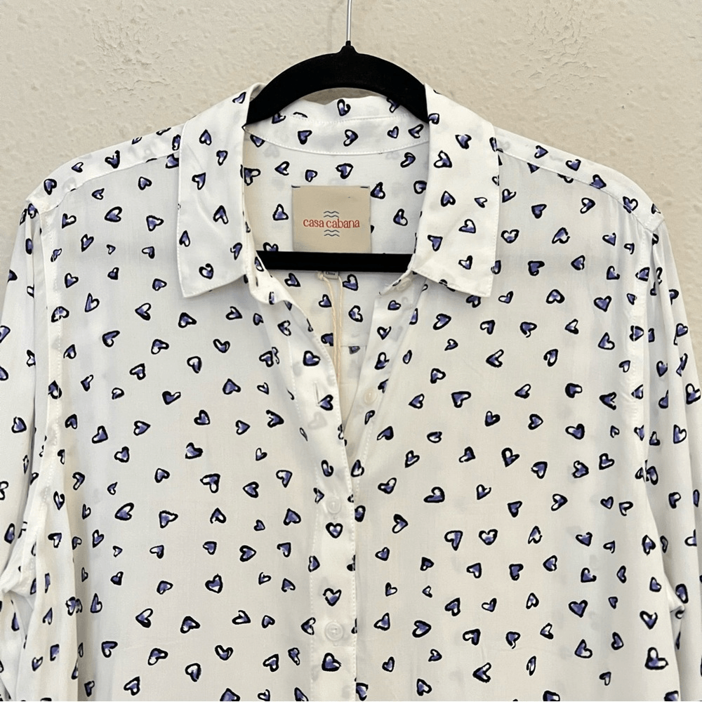 Casa Cabana Heart Print Long Sleeve Button Down Shirt Size Large Valentines Day