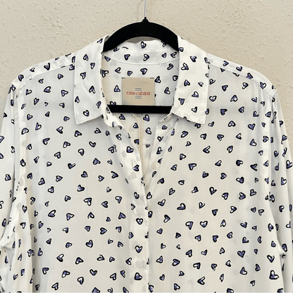 Casa Cabana Heart Print Long Sleeve Button Down Shirt Size Large Valentines Day