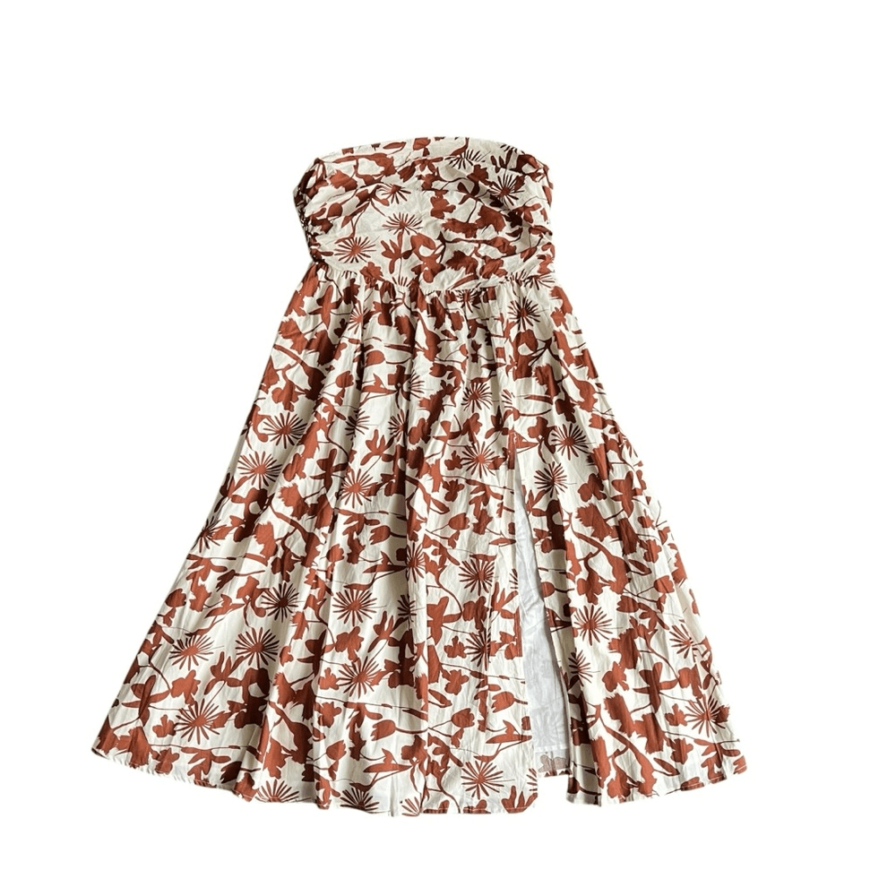 Showpo Evita Floral Midi Dress Ruched High Split Strapless NEW Size 14