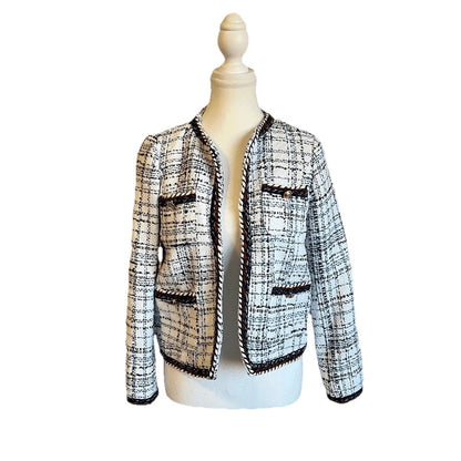 ZARA Textured Tweed Blazer Size Small White, Red, Blue Collarless Open Front