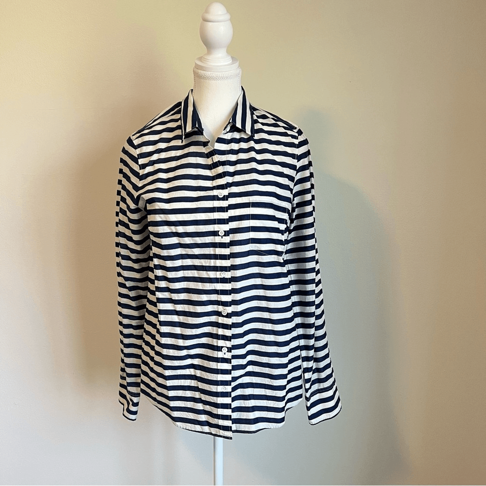 J. CREW Striped Boy Shirt Navy Blue White Long Sleeve Button Down Size 6