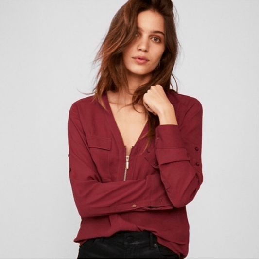 Express Long Sleeve V Neck Zip Front Shirt Blouse Size XS