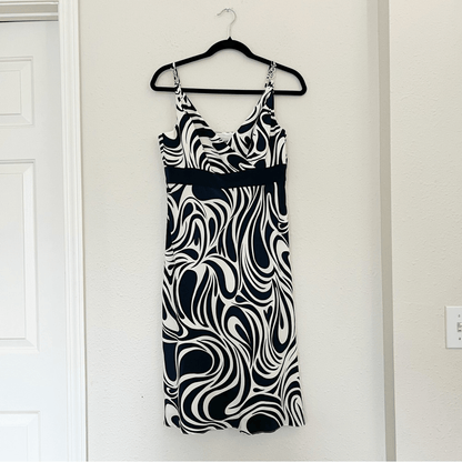 Ann Taylor  100% Silk Navy Blue White Abstract Spaghetti Strap Silk Dress Size 4