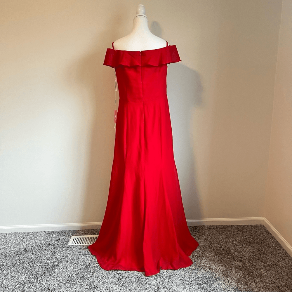 JJs House Red Off the Shoulder Sheath/Column Maxi Chiffon Bridesmaid Dress NEW
