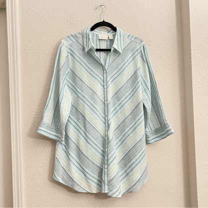 Chicos No Iron Striped 100% Linen Button Front Top Shirt Teal Blue White Size XL