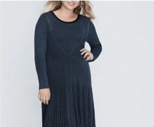 Lane Bryant Stretch Ribbed Knit Long Sleeves Sweater Dress Size 26/28 Blue Black