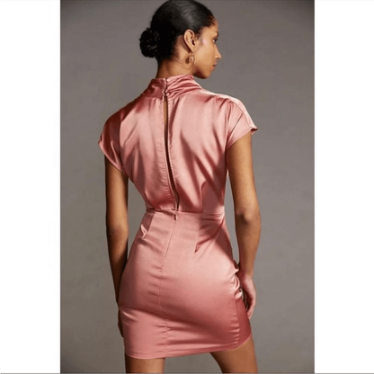 Anthropologie Ruched Asymmetrical Satin Mini Dress NEW Size 2 in Coral Pink