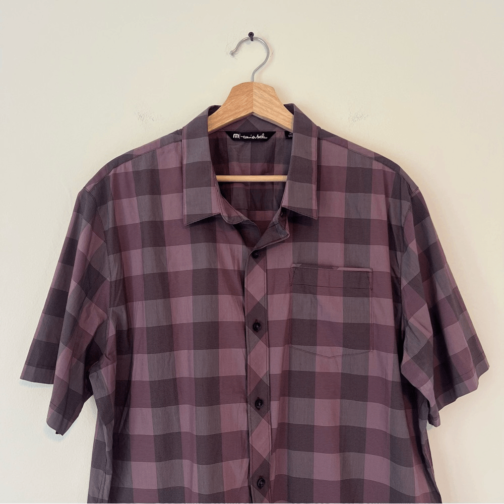 Travis Mathew Mens Short Sleeve Button Up Shirt Purple Check Print Size XL