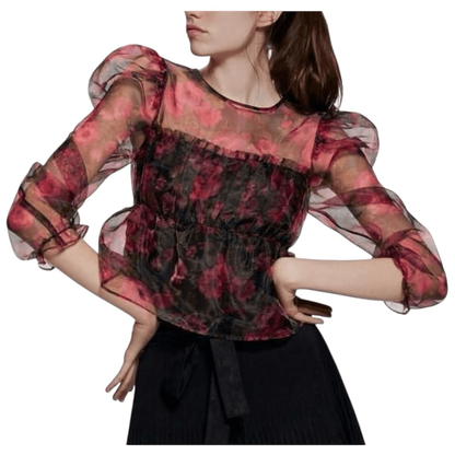 Zara Floral Sheer Organza Cropped Top Size Medium Whimsical Fairy Puff Sleeves