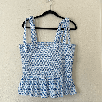 J. Crew Smocked Tie Shoulder Tank Top Floral in White and Blue NEW Size XL