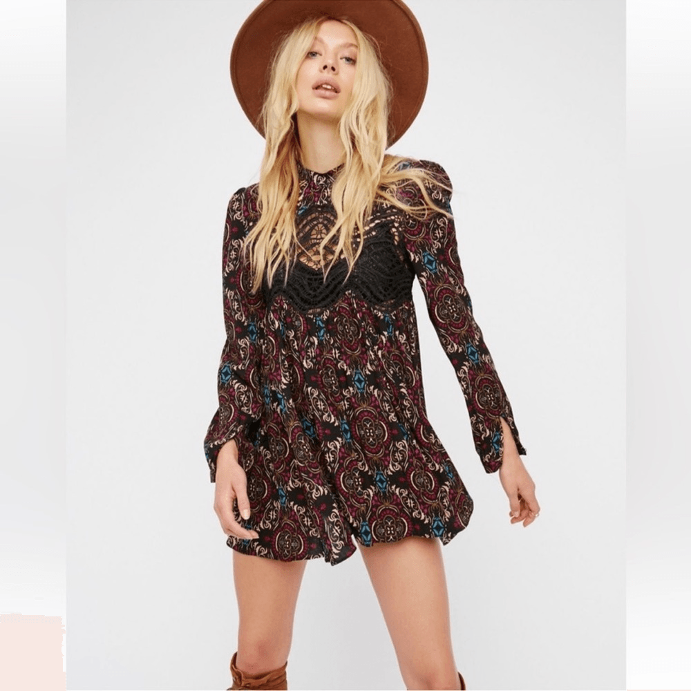 Free People Sweet Thang Printed Black Tunic Combo Size Small