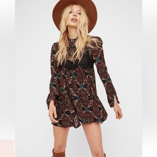 Free People Sweet Thang Printed Black Tunic Combo Size Small