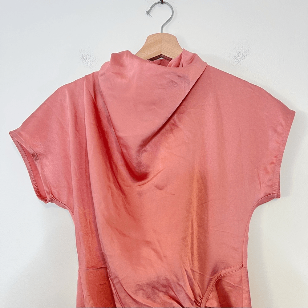 Anthropologie Ruched Asymmetrical Satin Mini Dress NEW Size 2 in Coral Pink