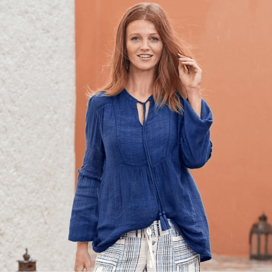 Sundance Gypsette Long Sleeve Crinkle Gauze Blouse in Blue Size Medium Tassel