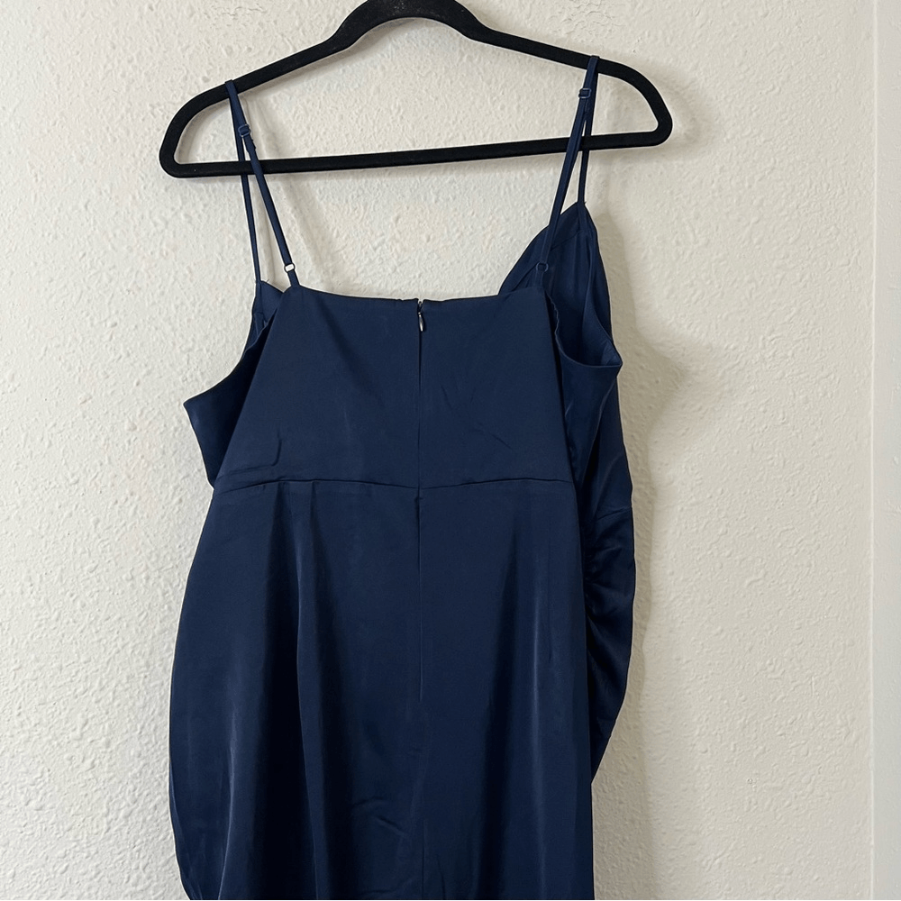 Showpo Lieselotte Midi Dress Ruched Front Split Cowl Neck Satin NEW Navy Blue 14