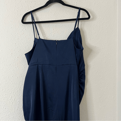 Showpo Lieselotte Midi Dress Ruched Front Split Cowl Neck Satin NEW Navy Blue 14
