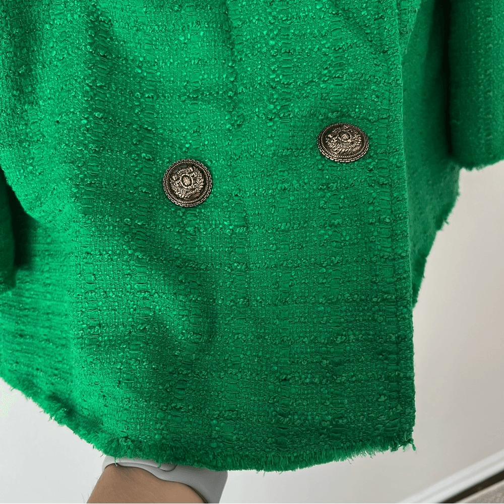Zara Tweed Oversized Blazer Textured Double Breasted Size Large in Green Blogger