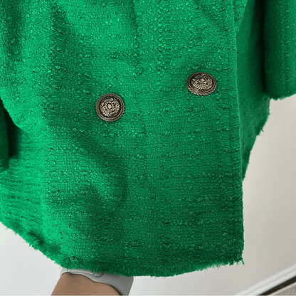 Zara Tweed Oversized Blazer Textured Double Breasted Size Large in Green Blogger