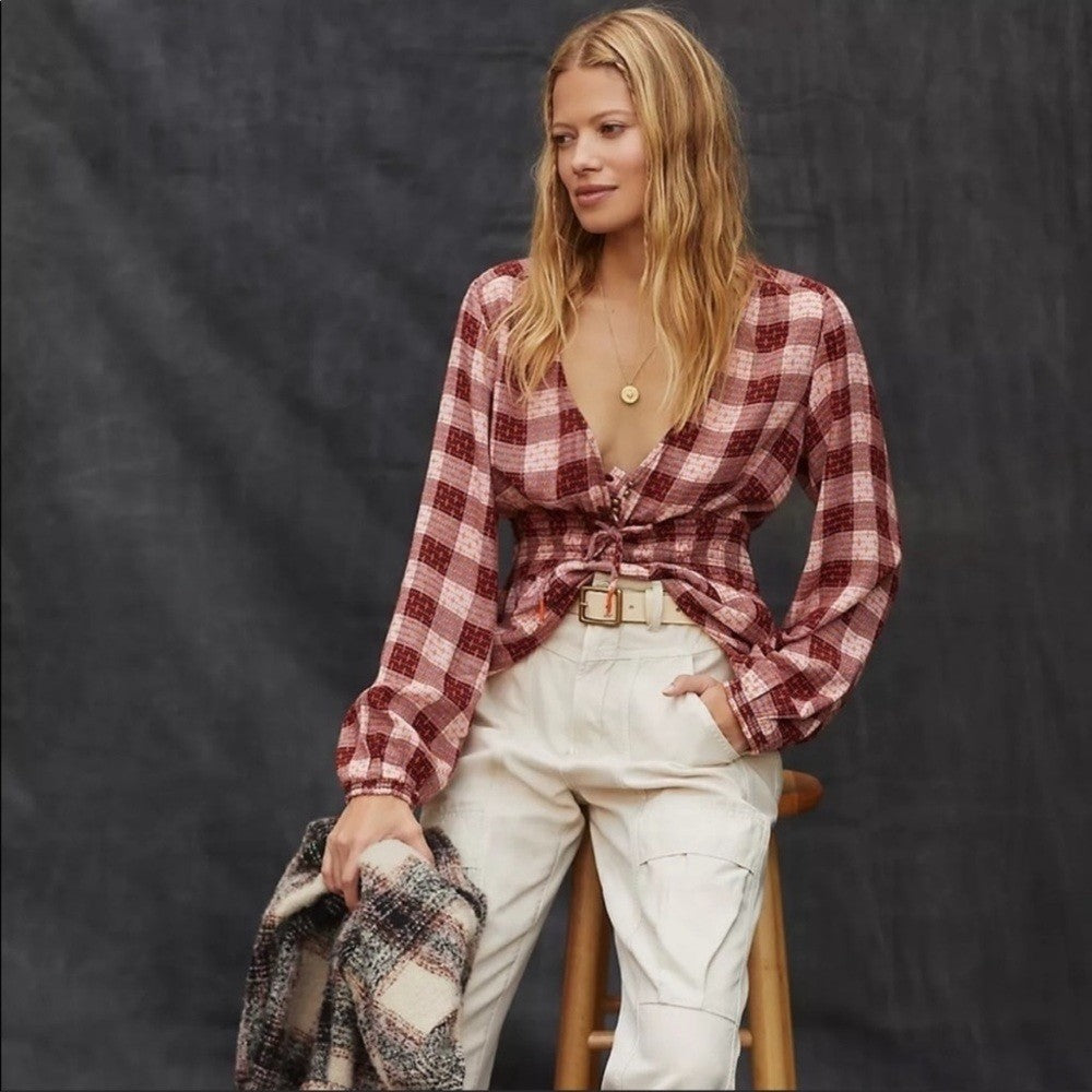 Anthropologie Pilcro Plaid Deep-V Blouse NEW Size Small