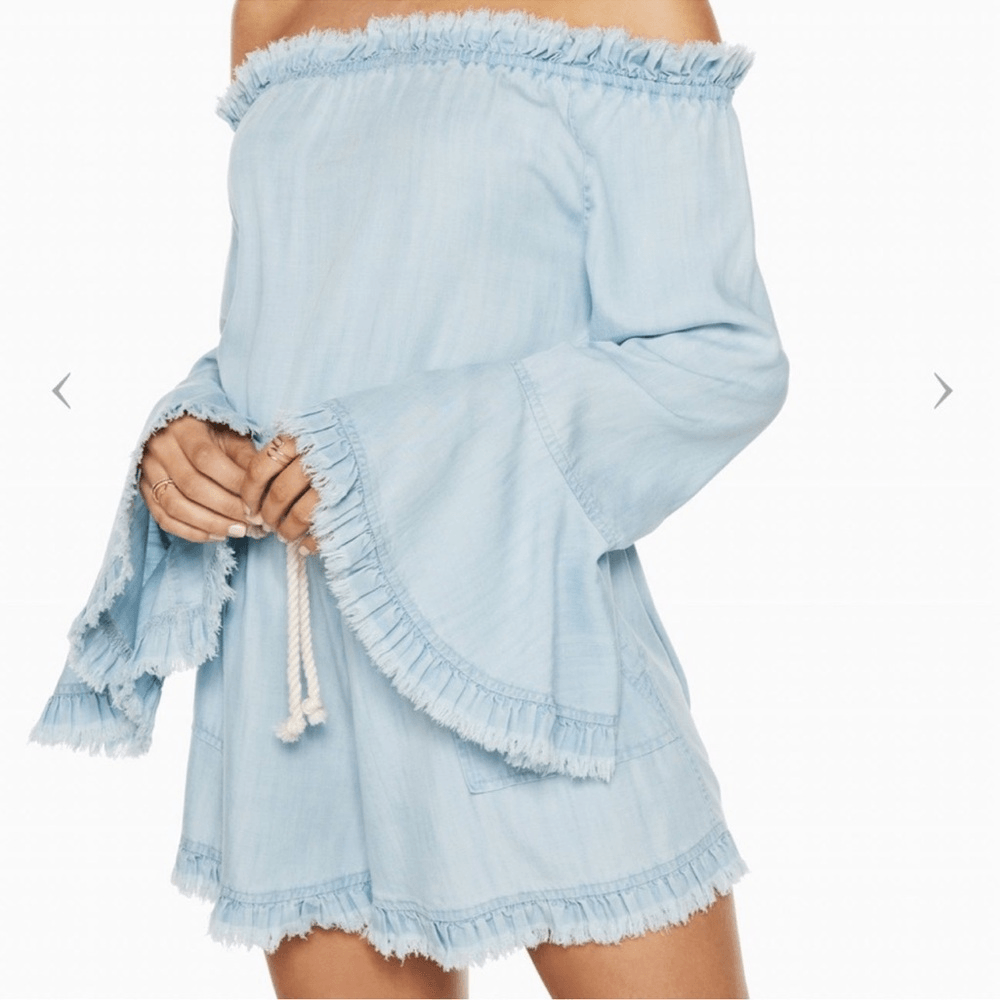 Ramy Brook Esie Chambray Romper Size XS Long Bell Sleeves Off the Shoulder