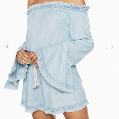 Ramy Brook Esie Chambray Romper Size XS Long Bell Sleeves Off the Shoulder