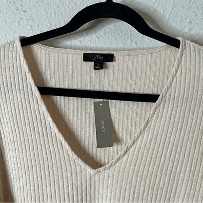 J. Crew Puff Sleeve V-Neck Soft Ribbed Long Sleeve Top NEW Size Large