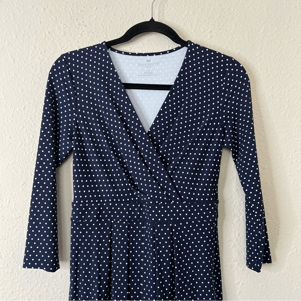 Talbots Polka Dot Faux Wrap Stretch Dress Size 2 Petites Navy Blue