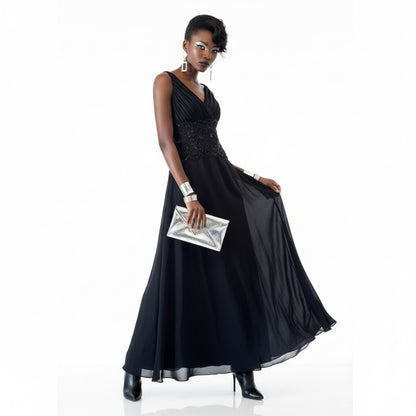 Tadashi Shoji Sequin 100% Silk Chiffon Gown Maxi Dress in Black Size 4