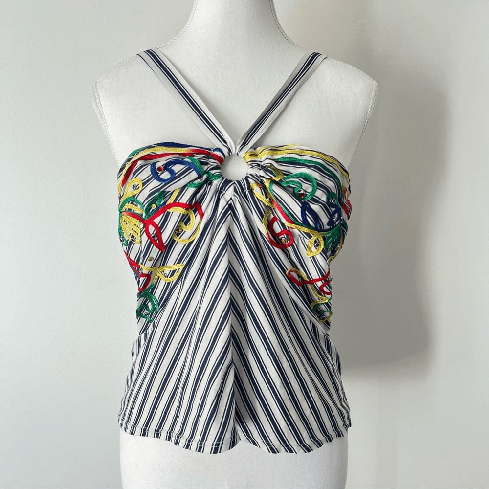 Anthropologie Tiny Avril Embroidered Striped Knit Halter Top Size Medium