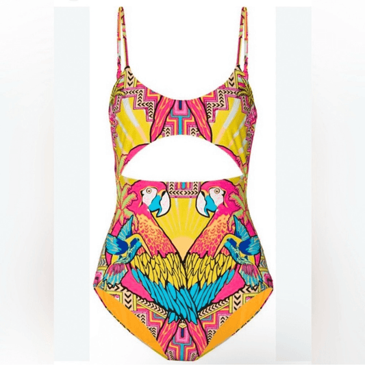 Mara Hoffman Parrot Tropical One Piece Swimsuit Size Large Cutout Pink Yellow