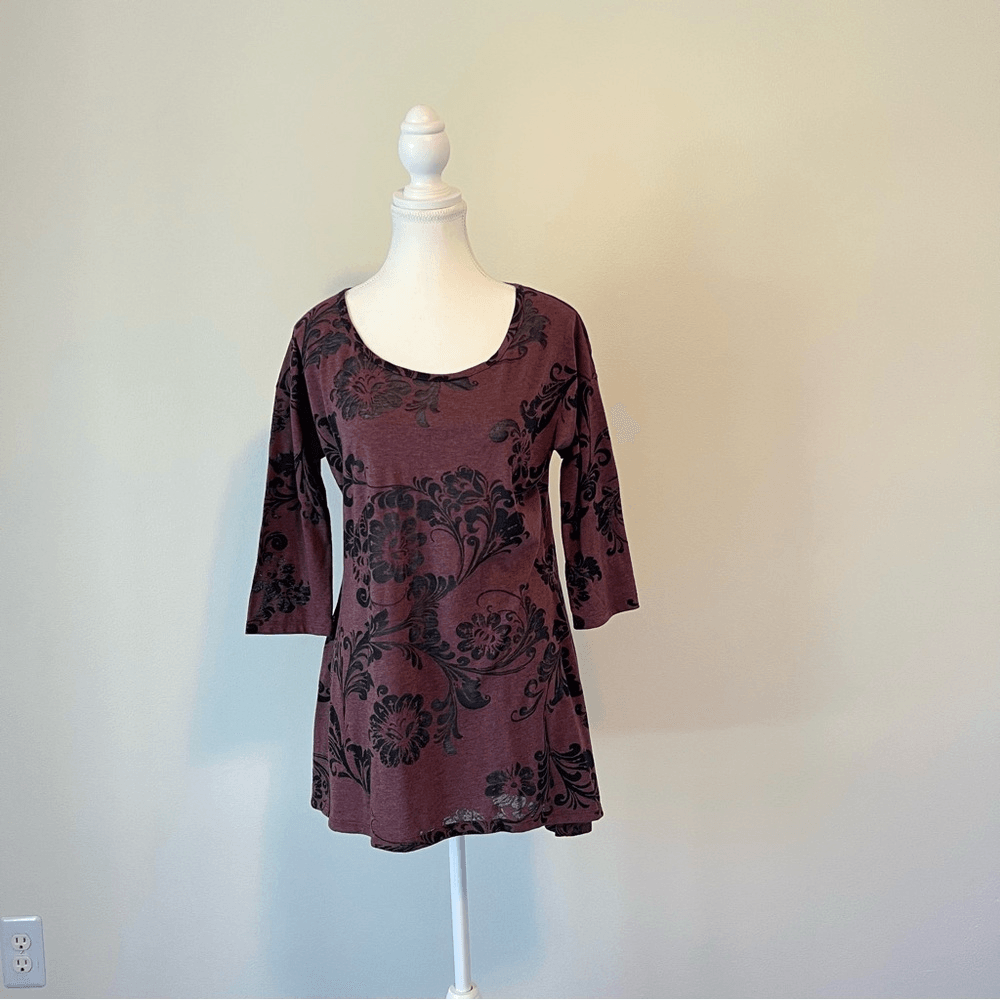 Peruvian Connection Floral Tunic Top Burnout Size Medium 3/4 Sleeve