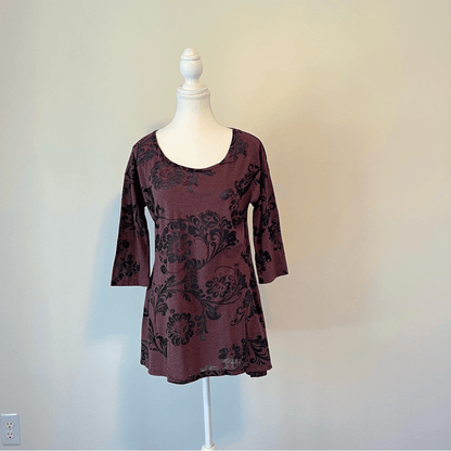 Peruvian Connection Floral Tunic Top Burnout Size Medium 3/4 Sleeve