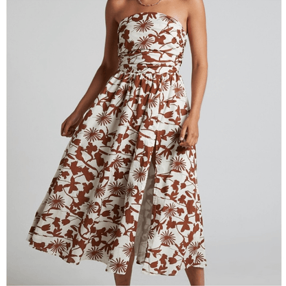 Showpo Evita Floral Midi Dress Ruched High Split Strapless NEW Size 14