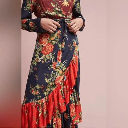 Anthropologie Farm Rio Audrey Wrap Maxi Dress Floral Long Sleeve Size SP