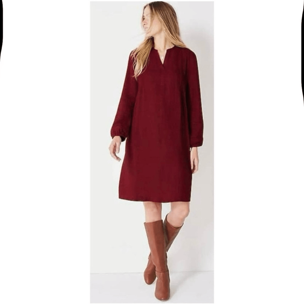 J. Jill Burgundy Brushed Twill Pintucked Mini Dress NEW Small Long Sleeve