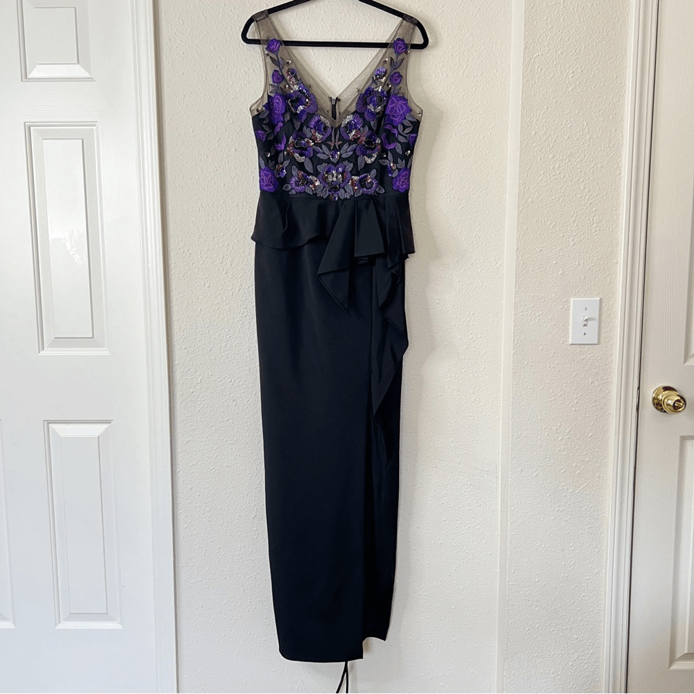 Marchesa Notte Floral Beaded Embroidered Column Gown Maxi Dress NEW Size 10