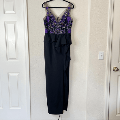 Marchesa Notte Floral Beaded Embroidered Column Gown Maxi Dress NEW Size 10