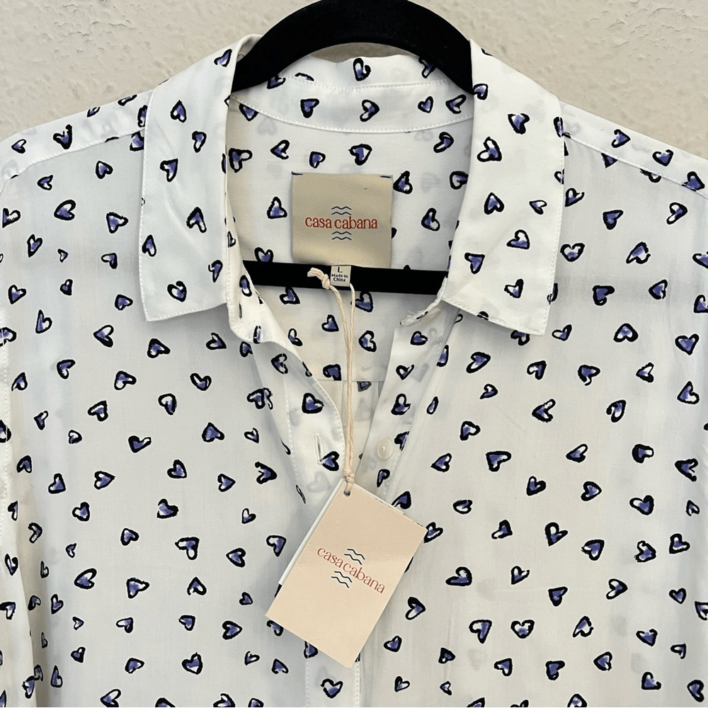 Casa Cabana Heart Print Long Sleeve Button Down Shirt Size Large Valentines Day