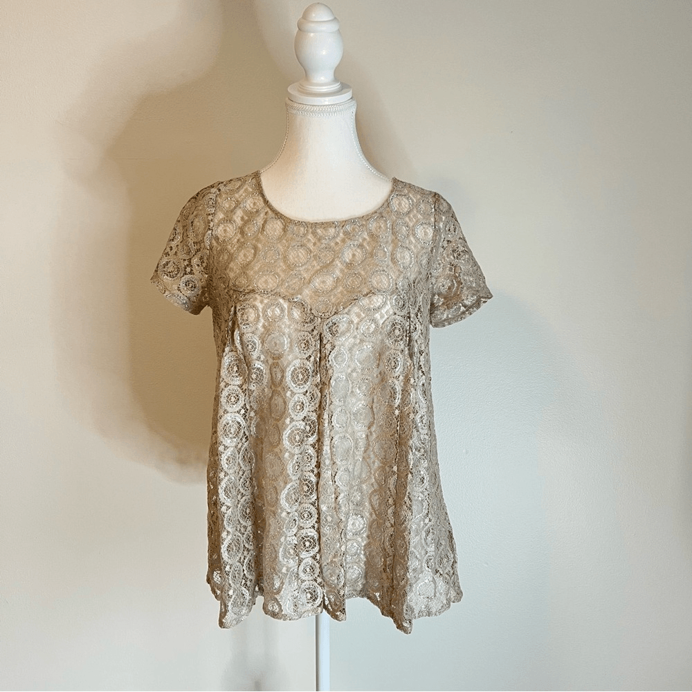 Anthropologie Akemi & Kim Metallic Lace Blouse Size Small Short Sleeve
