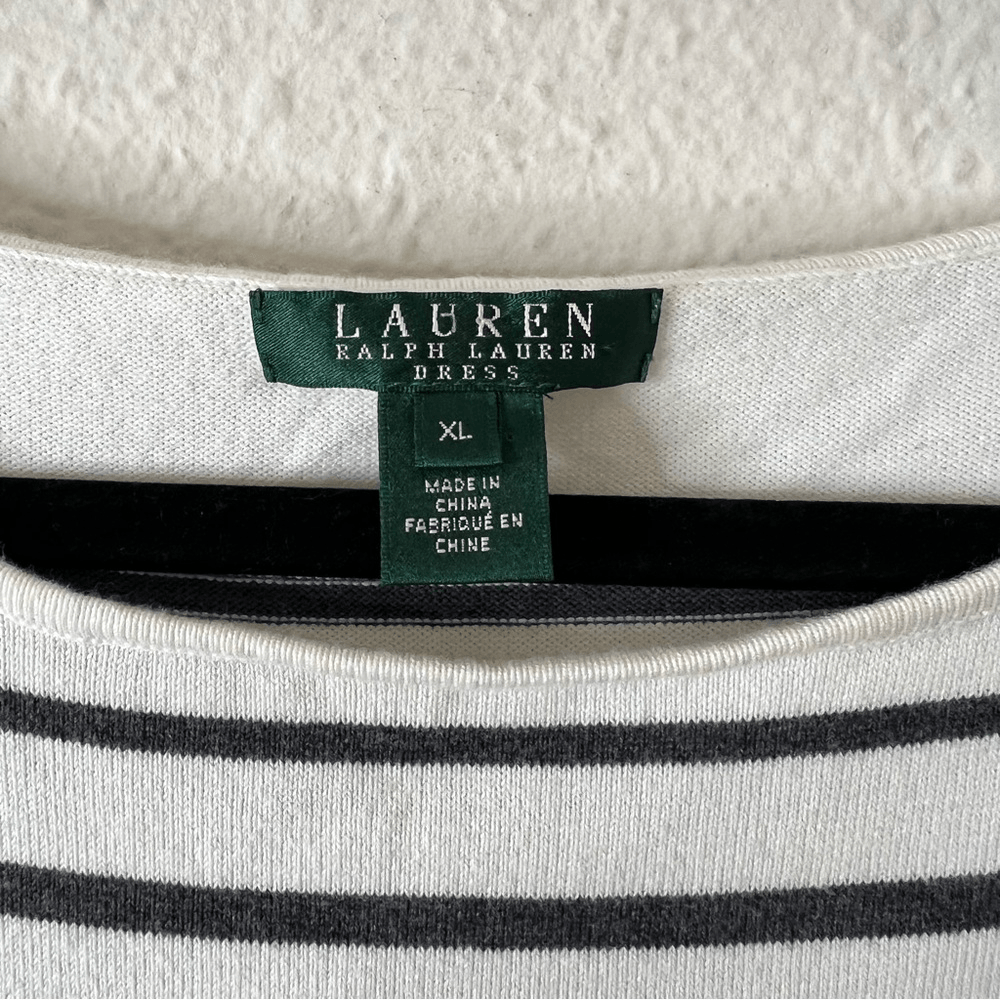 Lauren Ralph Lauren Black Gray & White Stripe 3/4 Sleeve Sweater Dress Size XL