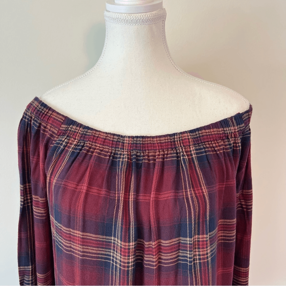 Anthropologie Cloth & Stone Homestead Plaid Off the Shoulder Top Small Burgundy