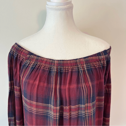 Anthropologie Cloth & Stone Homestead Plaid Off the Shoulder Top Small Burgundy